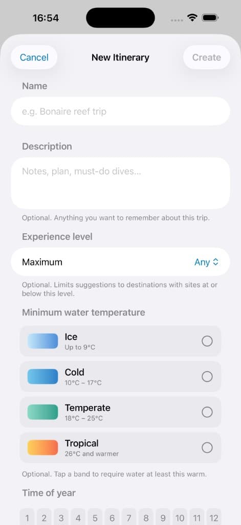 Pelagic build itinerary form with preferences and seasons