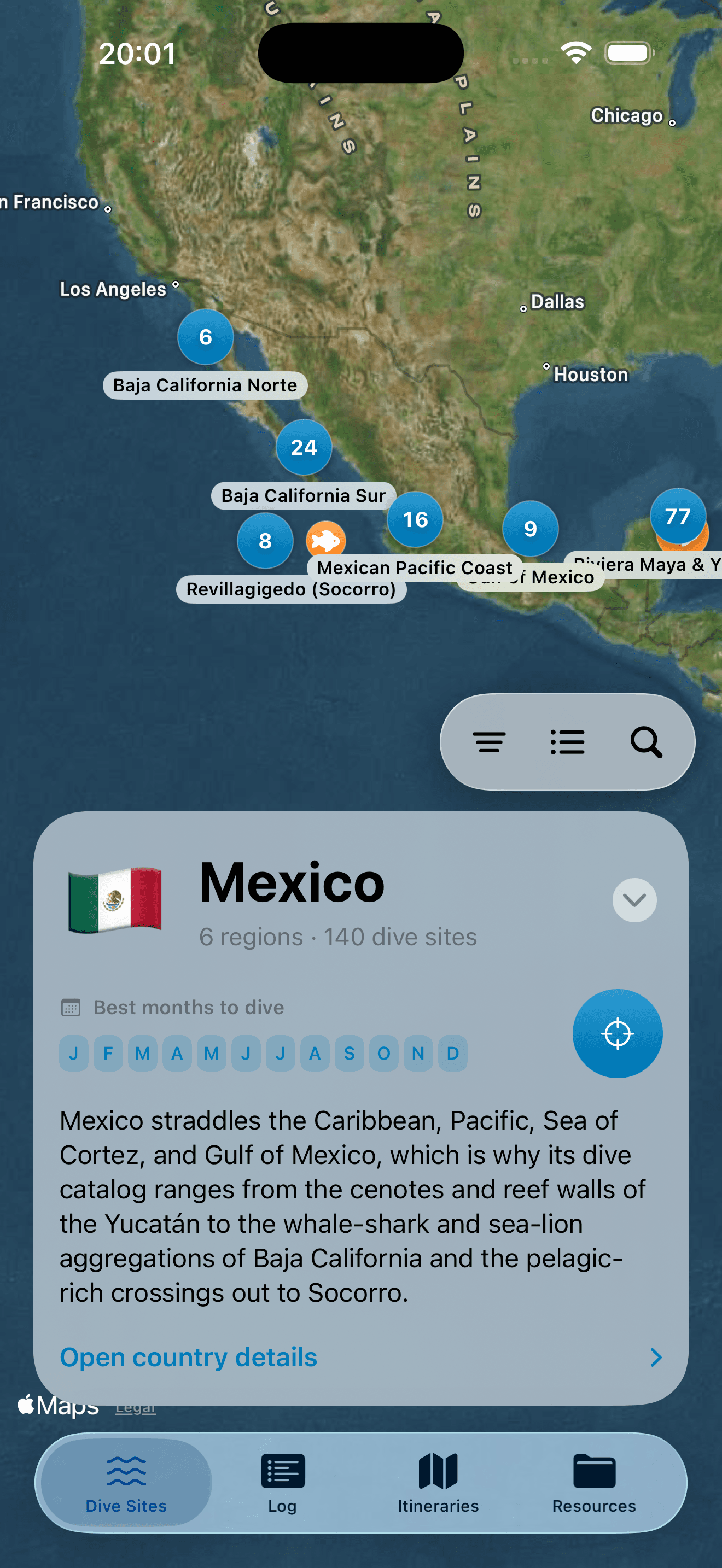 Pelagic country map with dive region overview