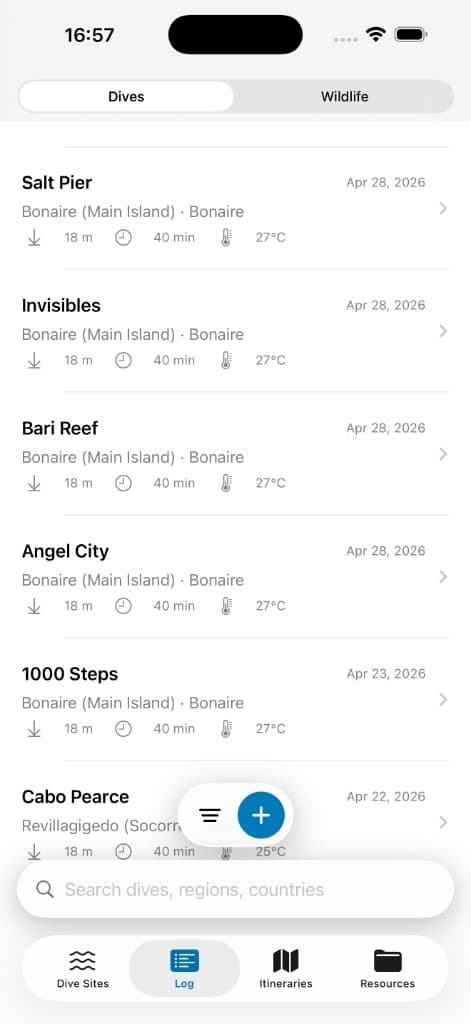 Pelagic dive log overview with recent logged dives