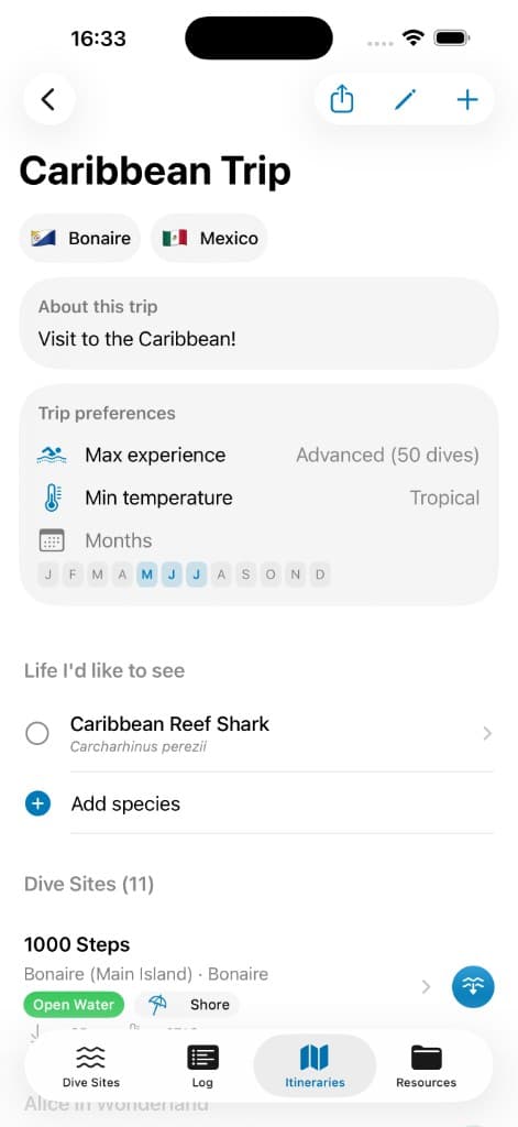 Pelagic itinerary view for a Caribbean trip